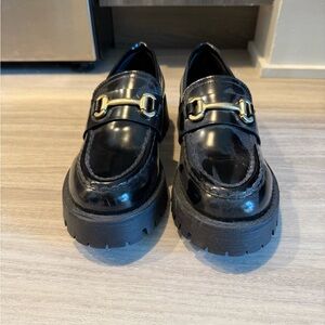 Black Patent Leather Loafers with Gold Horsebit Hardware